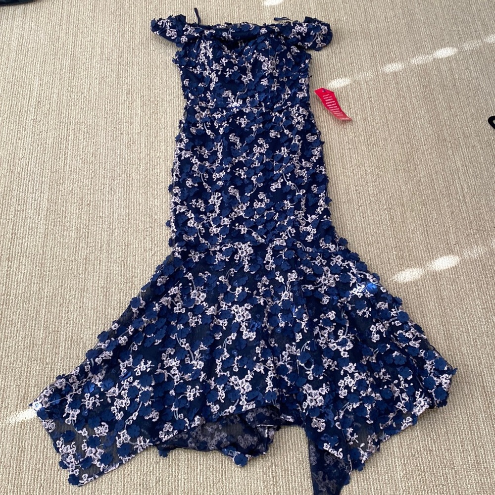 Midi Raised Floral Embroidered Lace Applique Off-the-Shoulder Cap Sleeve Gown